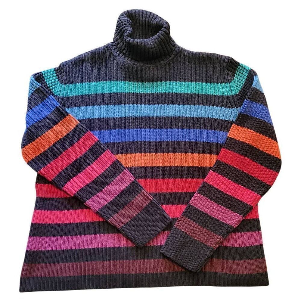 Vintage 90s Sweater Women's XL Cotton Ribbed Rainbow Stripe Turtleneck